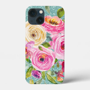 Watercolor Roses in Pink Cream Aqua Glitter  iPhone 13 Mini Case