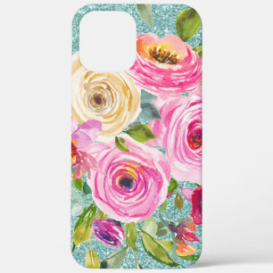 Watercolor Roses in Pink Cream Aqua Glitter iPhone 12 Pro Max Case
