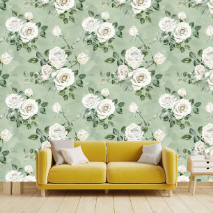 Watercolor roses in Saga green Wallpaper