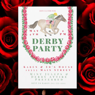 Watercolor Roses Jockey on Horse Derby Party  Invitation