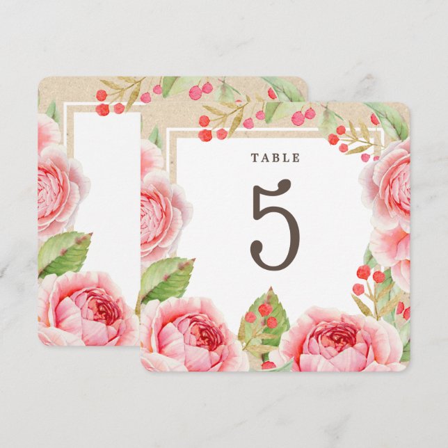 Watercolor Roses | Kraft Paper Party Table Numbers (Front/Back)