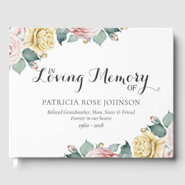 Watercolor Roses Memorial Funeral Remembrance Guest Book (Front)