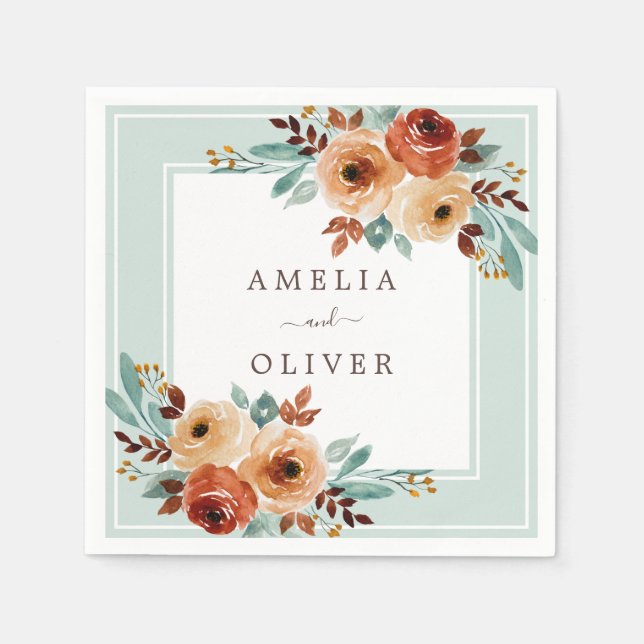 Watercolor Roses Mint Green Wedding Napkin (Front)