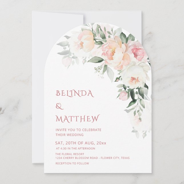 Watercolor Roses Modern Arched Wedding Invitation (Front)