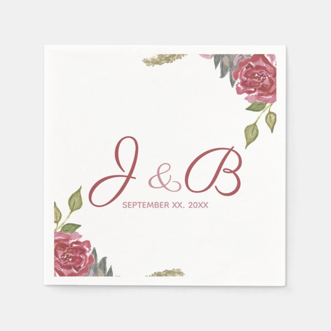 Watercolor Roses Monogrammed Wedding Napkin (Front)