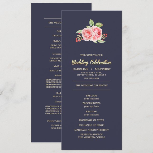 Watercolor Roses | Navy Blue Wedding Flat Programs Programme (Front/Back)