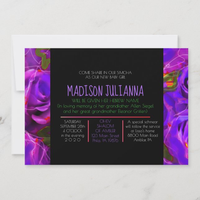 WATERCOLOR ROSES NEON Jewish Baby Naming Invitation (Front)