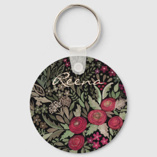 Watercolor roses, on a black background, watercolo key ring
