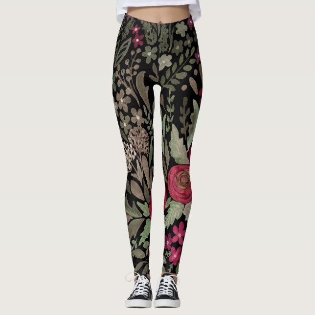 Watercolor roses, on a black background, watercolo leggings (Front)