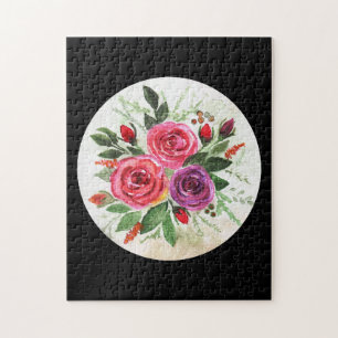 Watercolor roses on a black background, watercolor jigsaw puzzle
