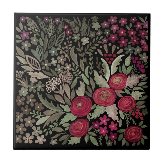 Watercolor roses on a black background, watercolor tile (Front)