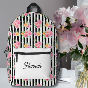 Watercolor Roses on Black and White Stripes  Printed Backpack