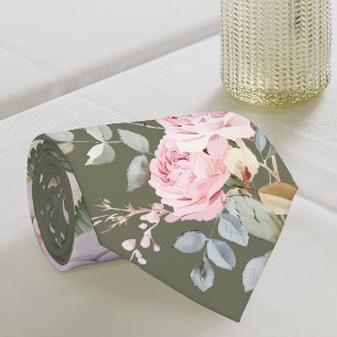 Watercolor roses on olive green neck tie