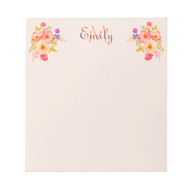 Watercolor Roses on Peachy Milk, Monogram Notepad (Front)