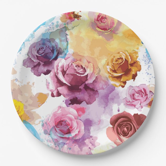 Watercolor Roses Paper Plate (Front)