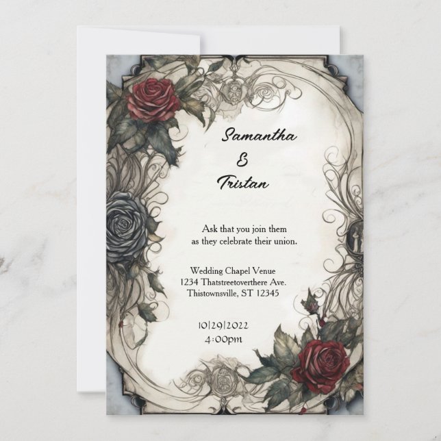 Watercolor Roses Parchment Goth Wedding Invitation (Front)