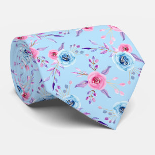 Watercolor Roses Pattern Blue Tie