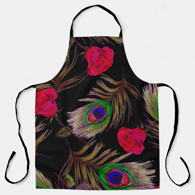 Watercolor roses, peacock feathers, decorative. apron (Front)