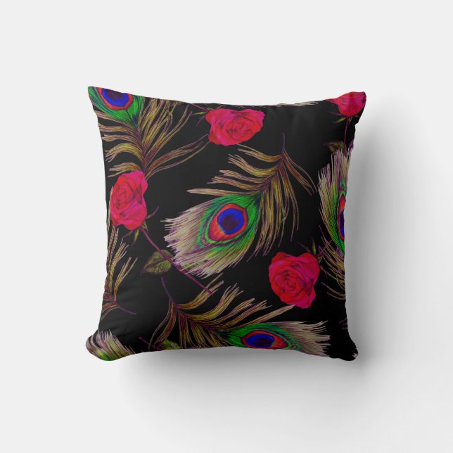Watercolor roses, peacock feathers, decorative. cushion (Front)