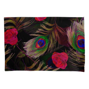 Watercolor roses, peacock feathers, decorative. pillowcase