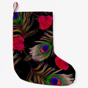 Watercolor roses, peacock feathers, decorative. small christmas stocking