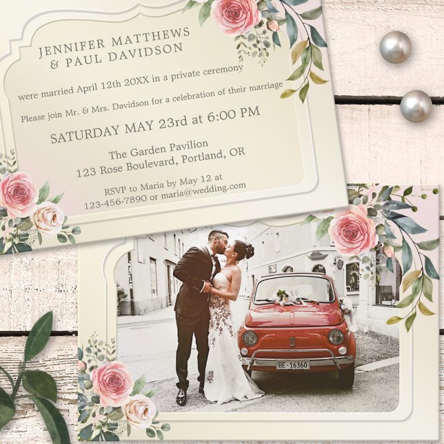 Watercolor Roses Photo Post Wedding Party Invitation (Creator Uploaded)