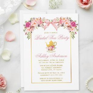 Watercolor Roses Pink Bow Bridal Tea Party Invitation