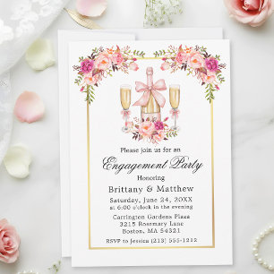 Watercolor Roses Pink Bow Engagement Party Invitation