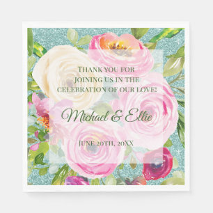 Watercolor Roses Pink Cream Aqua Glitter Wedding Napkin