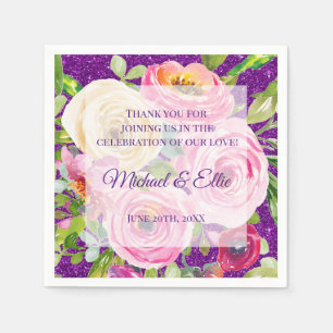 Watercolor Roses Pink Cream on Purple Wedding Napkin