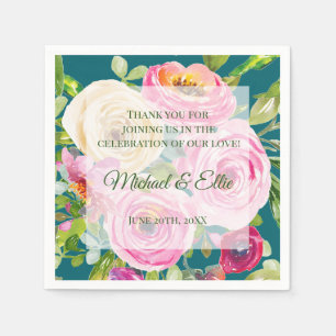 Watercolor Roses Pink Cream on Teal Wedding Napkin