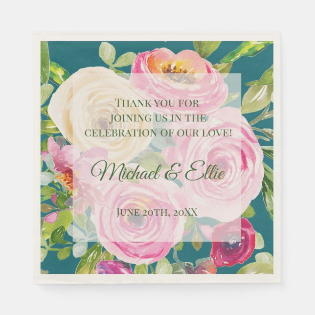 Watercolor Roses Pink Cream on Teal Wedding Napkin (Front)