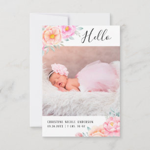 Watercolor Roses Pink Floral Baby Girl Photo Announcement
