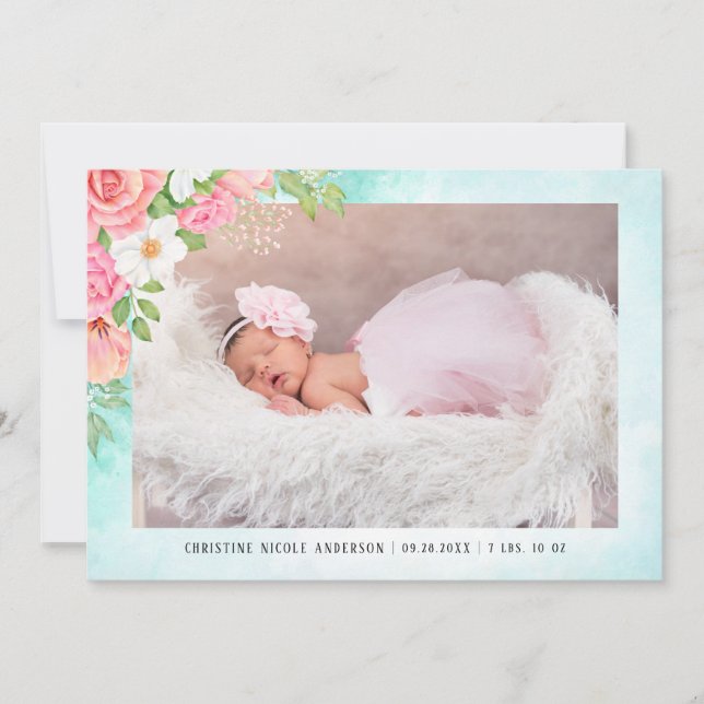 Watercolor Roses Pink Floral Baby Girl Photo Announcement (Front)