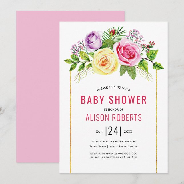 Watercolor roses pink floral girl baby  shower invitation (Front/Back)