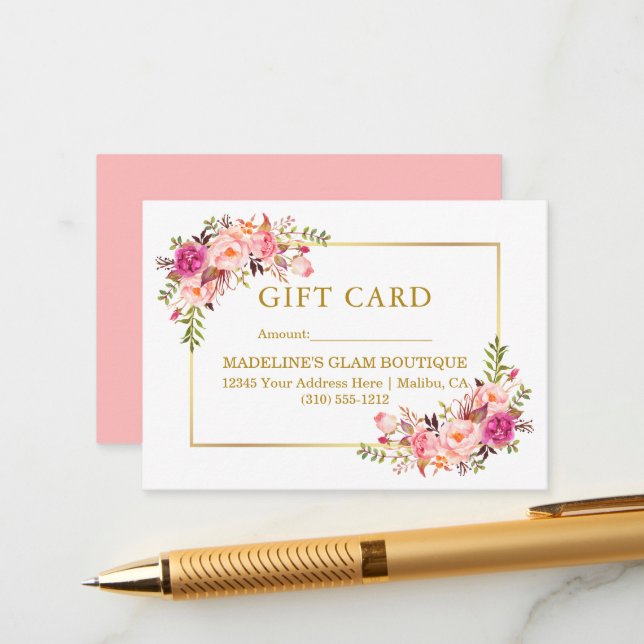 Watercolor Roses Pink Floral Gold Gift Card (Front/Back In Situ)