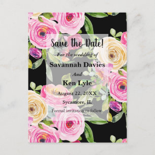 Watercolor Roses Pink on Black Save the Date Postcard