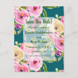 Watercolor Roses Pink on Teal Save the Date Postcard