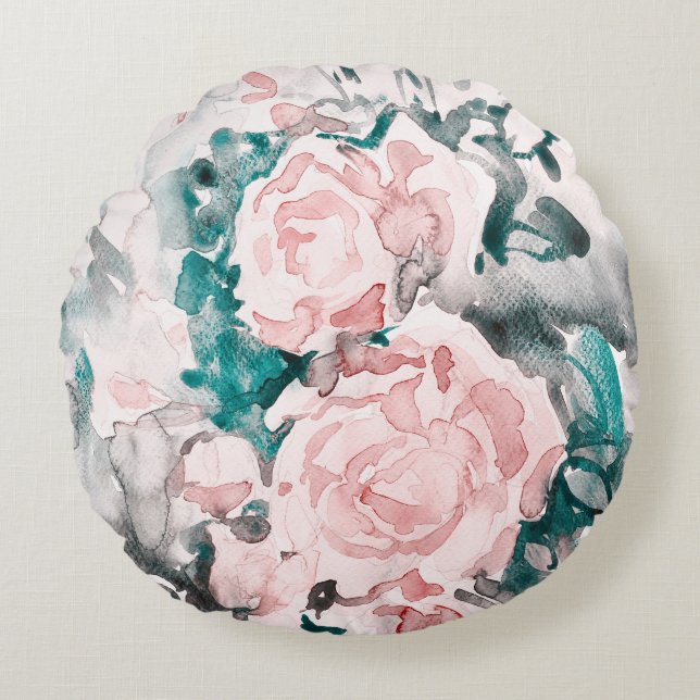 Watercolor Roses Pink, Teal, Grey Round Cushion (Front)
