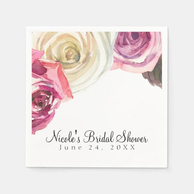 Watercolor Roses Pink & White Chic Bridal Shower Napkin (Front)