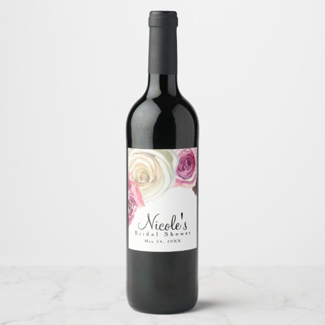 Watercolor Roses Pink & White Chic Bridal Shower Wine Label (Front)