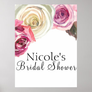 Watercolor Roses Pink & White Floral Welcome Poster