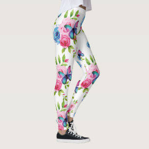 Watercolor Roses & Pretty Butterflies Pink & Blue Leggings