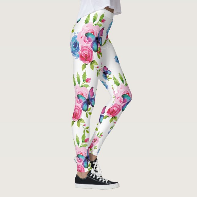 Watercolor Roses & Pretty Butterflies Pink & Blue Leggings (Right)