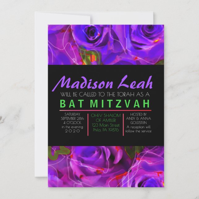 WATERCOLOR ROSES PURPLE NEON Bat Mitzvah Invitation (Front)