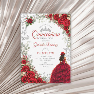 Watercolor Roses Red and Silver Quinceañera Invitation