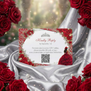 Watercolor Roses Red and Silver Red Quinceañera RSVP Card