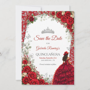Watercolor Roses Red and Silver Red Quinceañera Save The Date