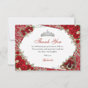 Watercolor Roses Red and Silver Red Quinceañera Thank You Card