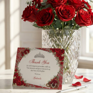 Watercolor Roses Red and Silver Red Quinceañera Thank You Card